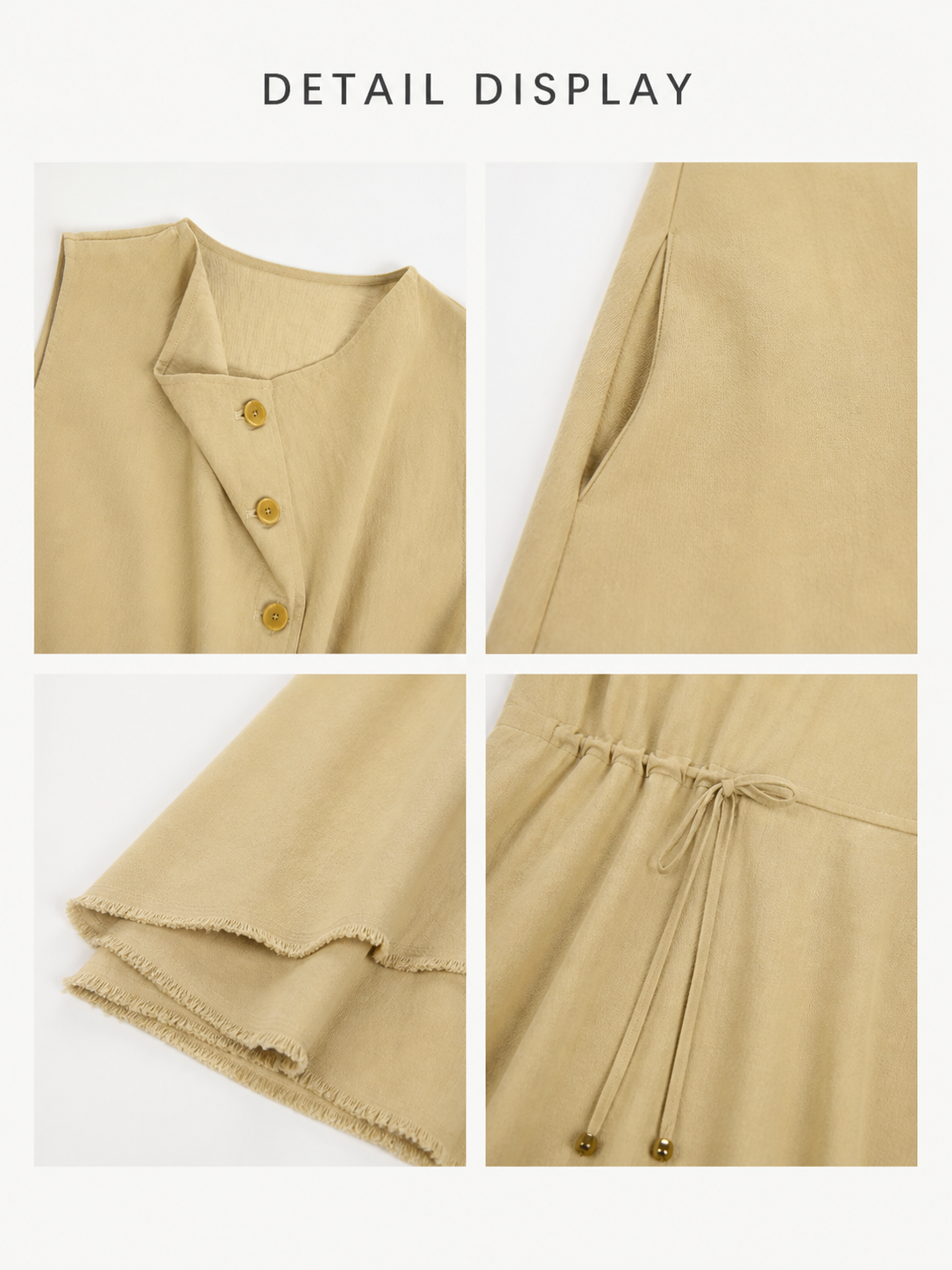 Detail display of beige sleeveless mini dress showing button front, side pocket, raw hem, drawstring waist, and textured fabric