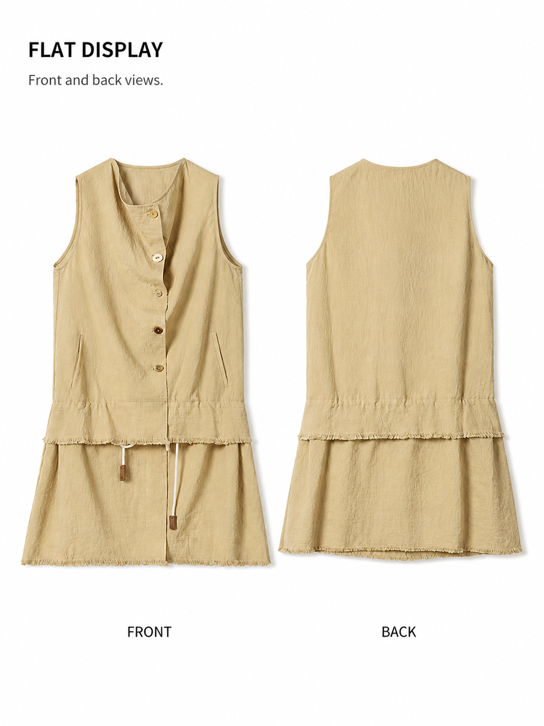 Flat display of beige sleeveless button-front mini dress showing front and back views, drawstring waist, and raw hem