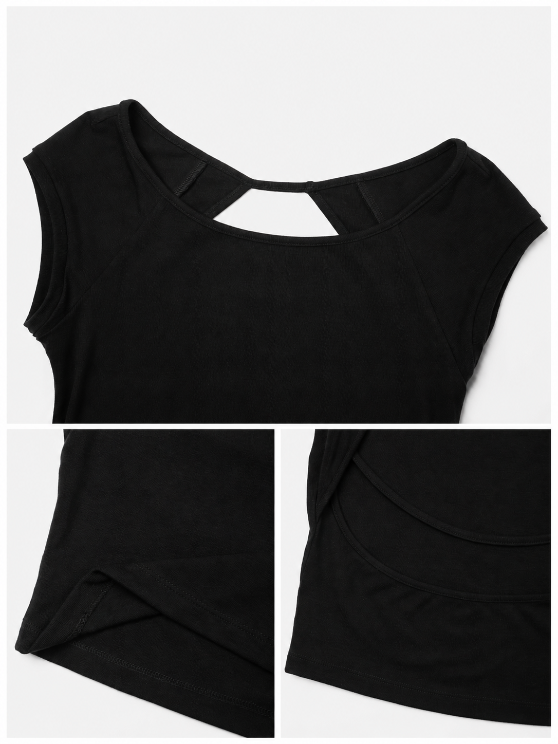 Product detail collage showing neckline, fabric texture and stitching