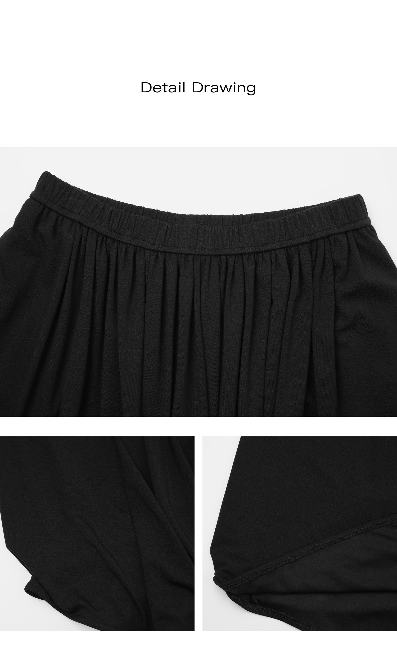 Product detail collage showing black draped maxi skirt waistband, fabric and hem