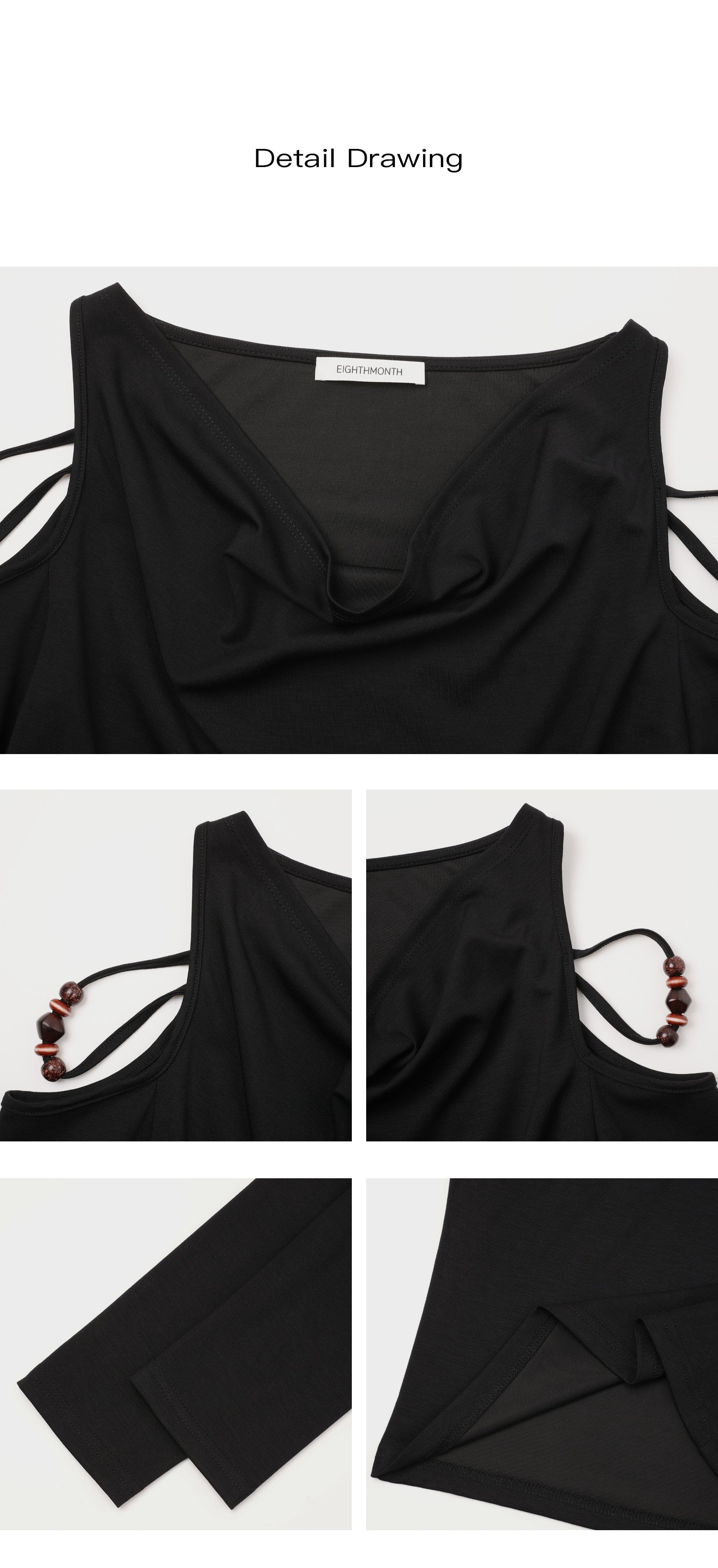 Product detail collage showing black off shoulder top neckline, sleeves and fabric texture