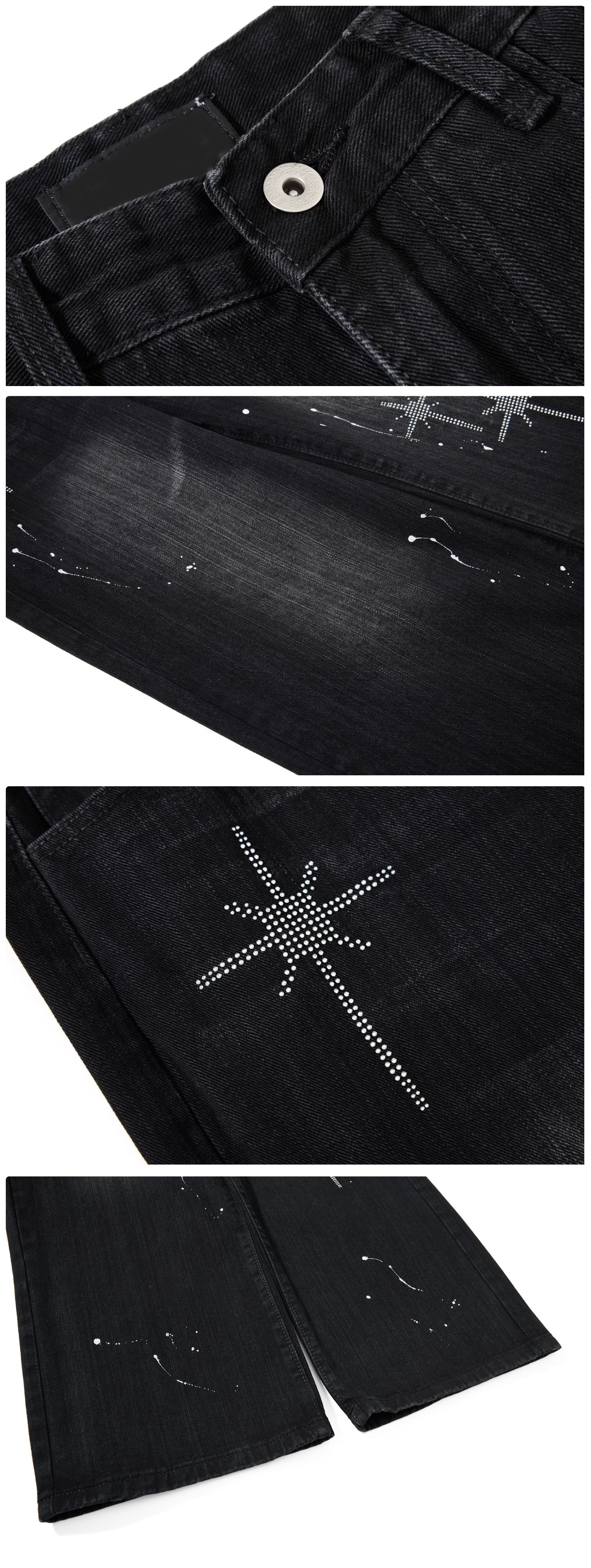 Detail display of black rhinestone wide leg jeans showing button, pocket, rhinestone star design, and hem details