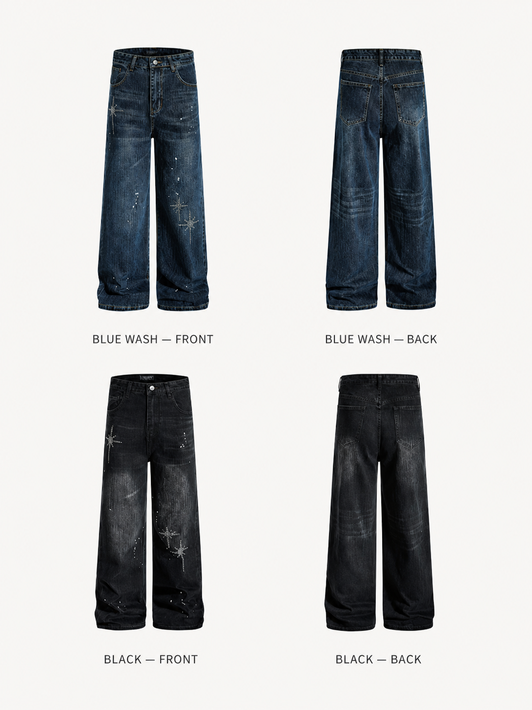 Flat display of black and blue rhinestone wide leg jeans showing front and back views