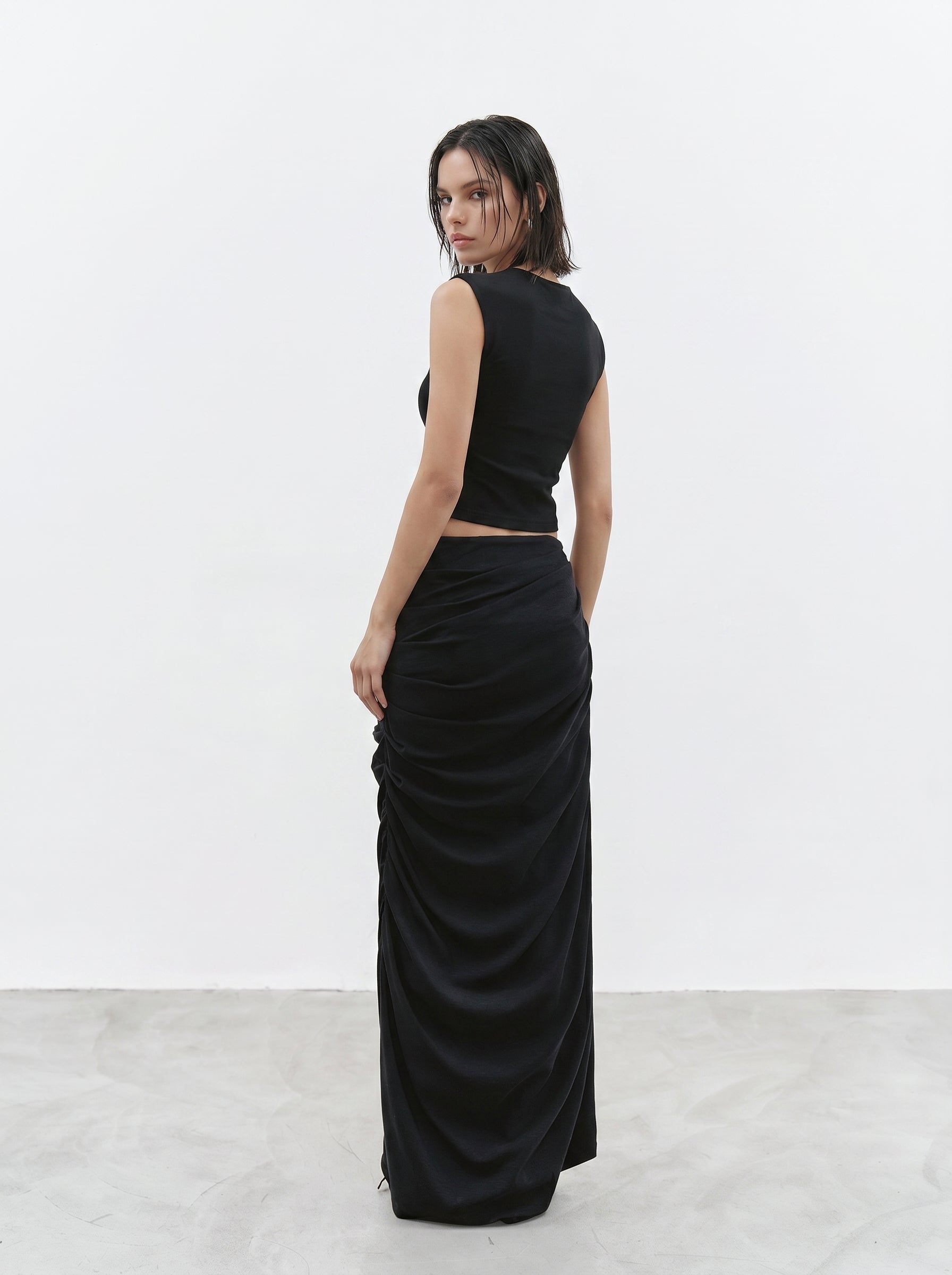 Black ruched maxi skirt back view