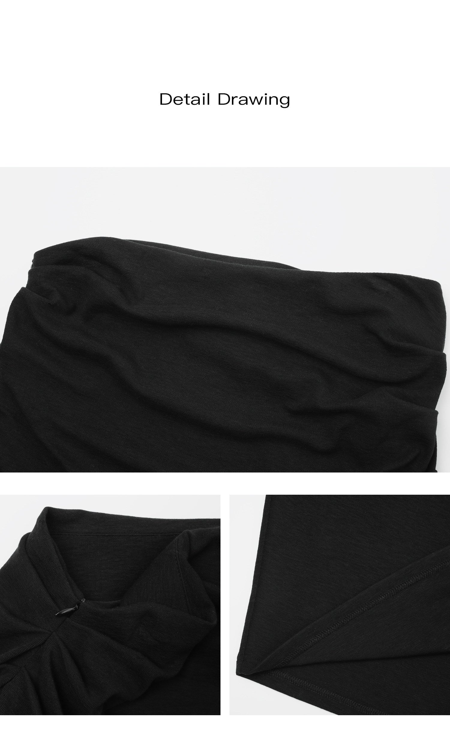 Product detail collage showing black ruched maxi skirt fabric, gathering and hem
