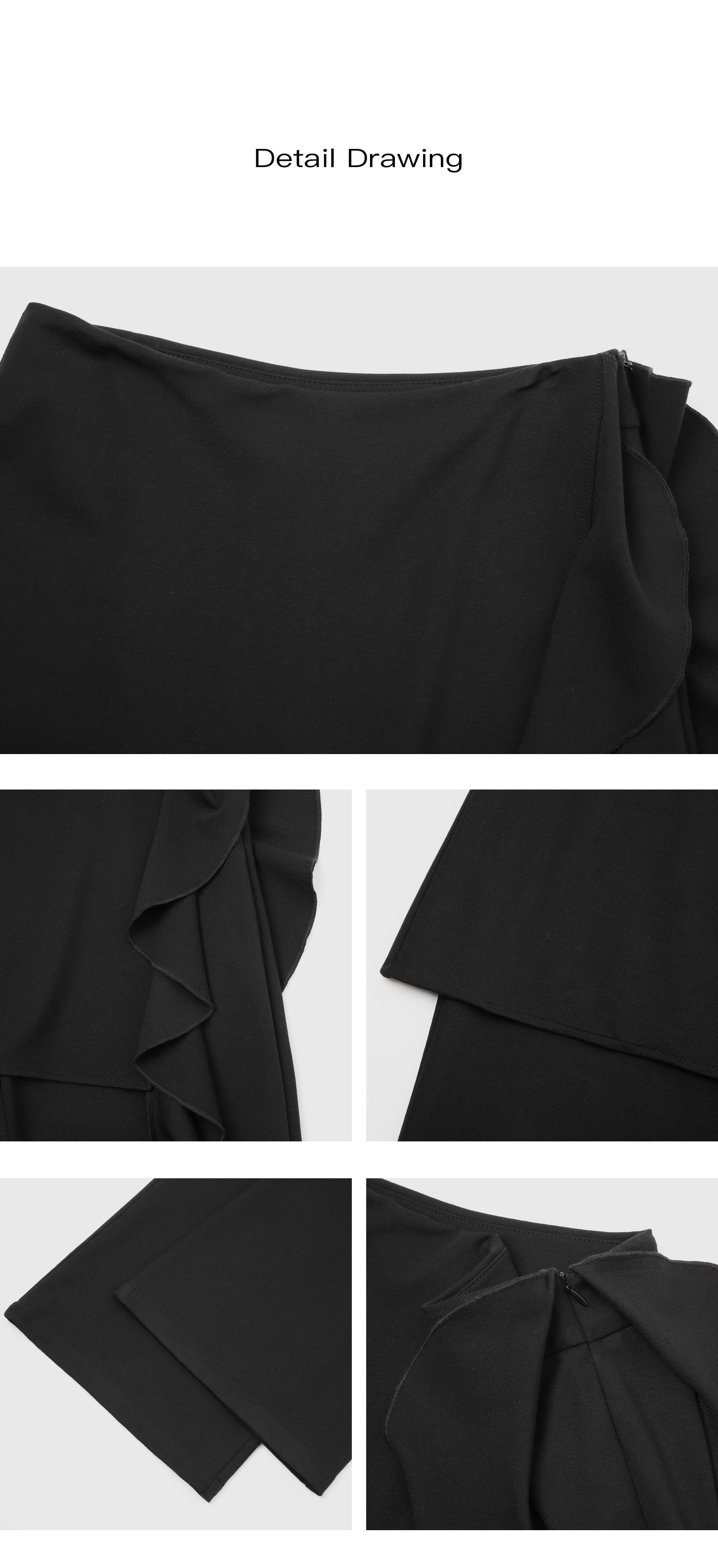 Product detail collage showing black ruffle layered high waist flared pants waistband, side ruffles and fabric texture