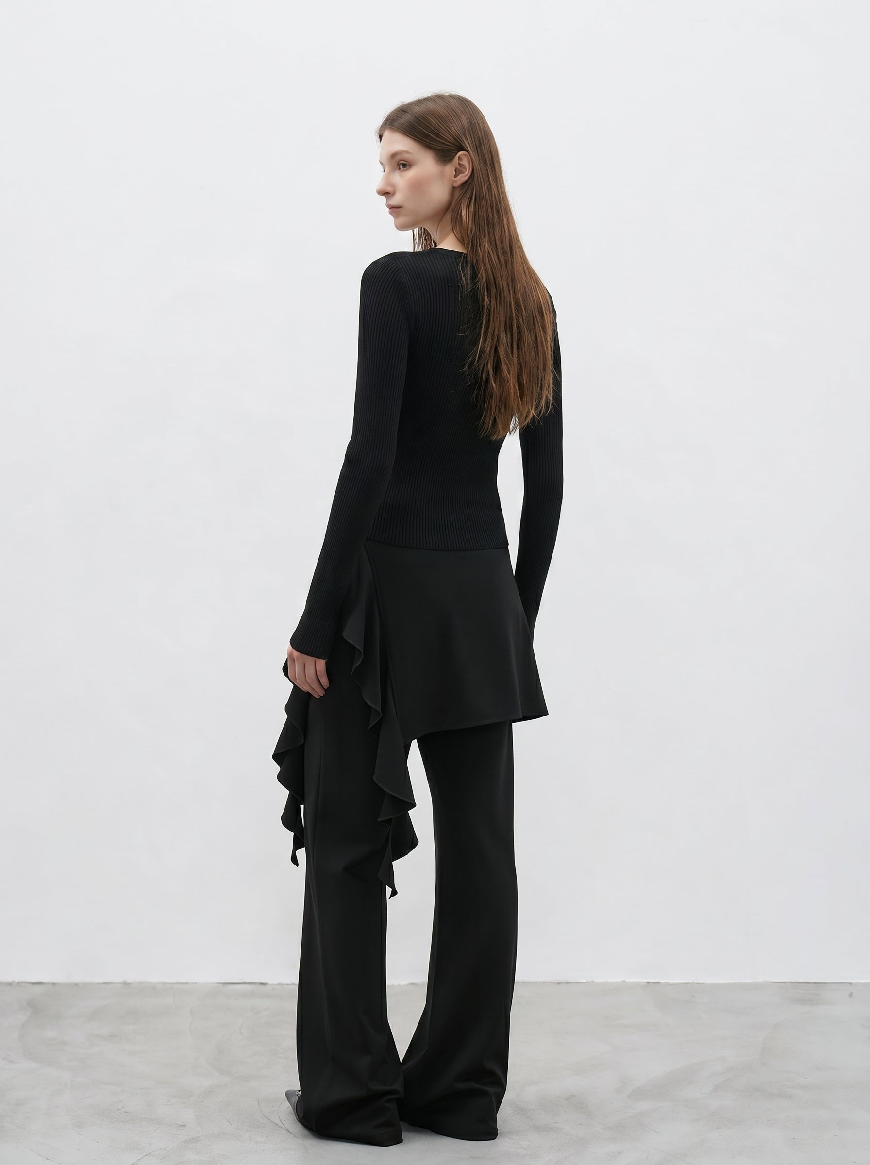 Black ruffle layered high waist flared pants side view