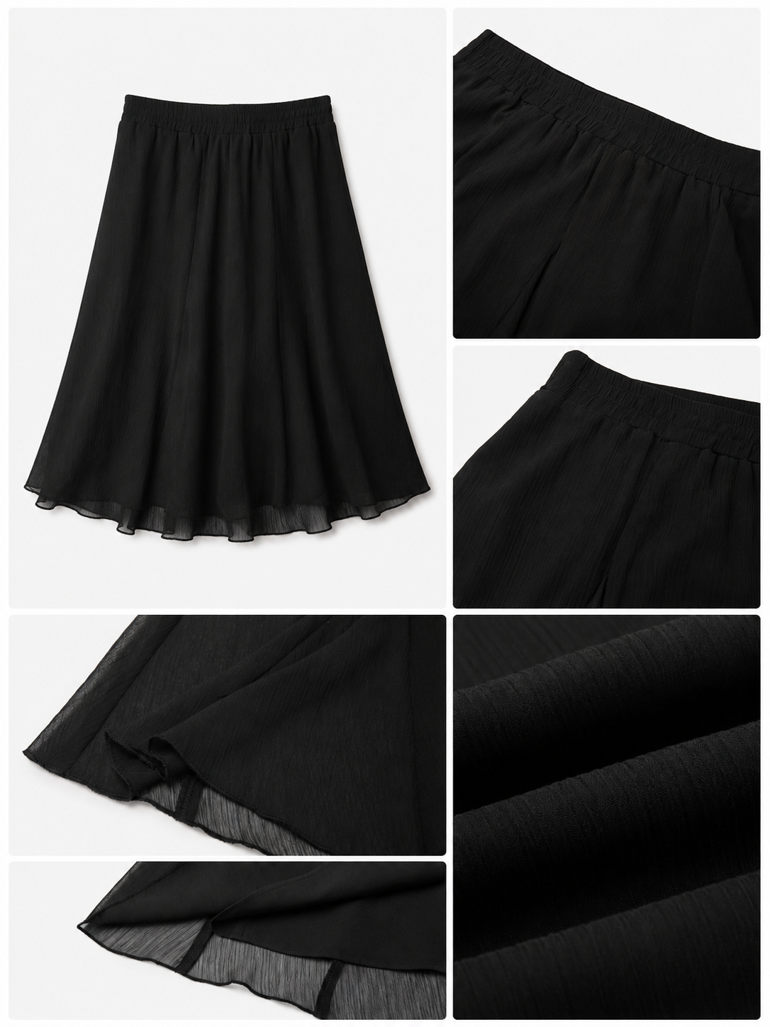 Product detail collage showing black sheer maxi skirt waistband, hem and fabric texture