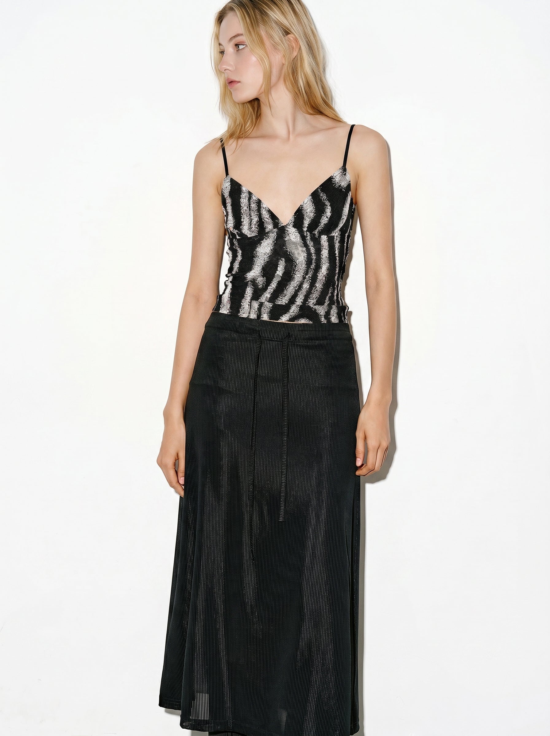 Black sheer layered maxi skirt full body look with printed cami top
