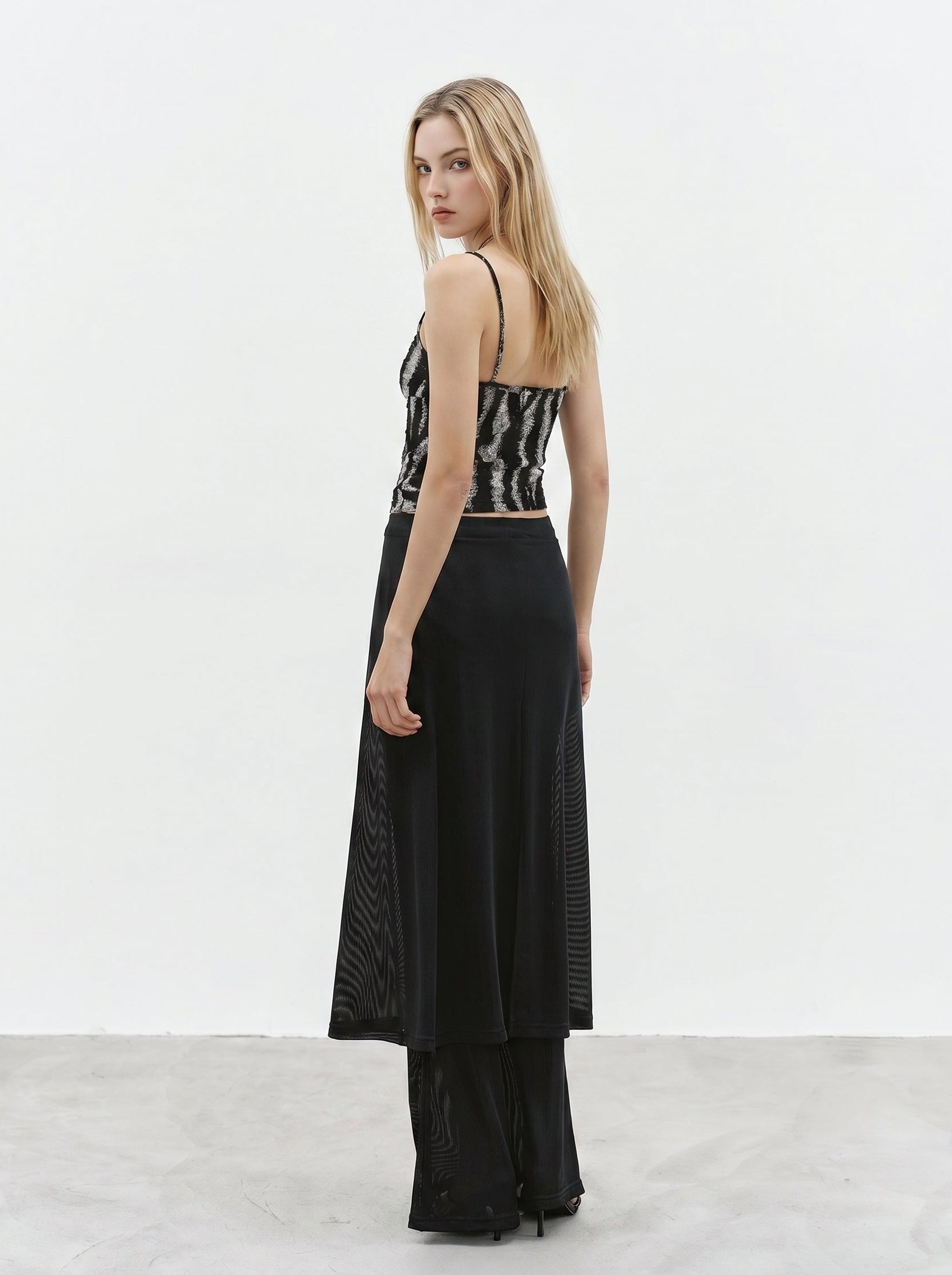 Black sheer layered maxi skirt side view