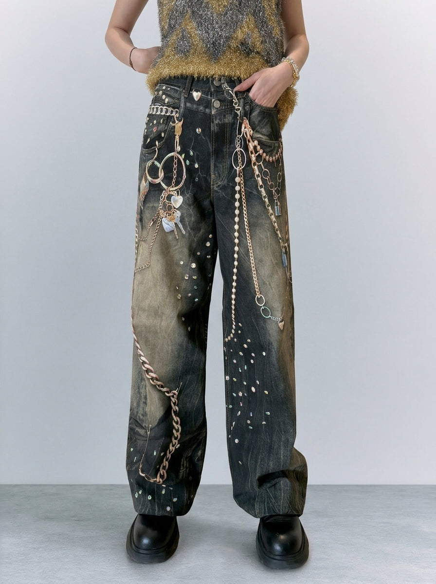 Black Washed Chain Graphic Wide-Leg Jeans relaxed wide-leg fit on model