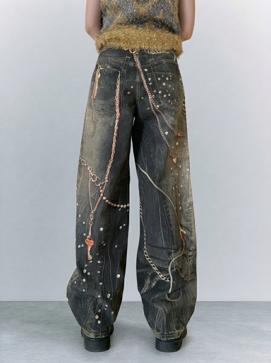 Front view of Black Washed Chain Graphic Wide-Leg Jeans