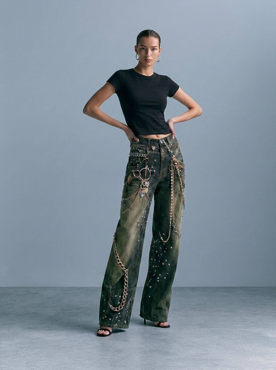 Model wearing Black Washed Chain Graphic Wide-Leg Jeans full-body view