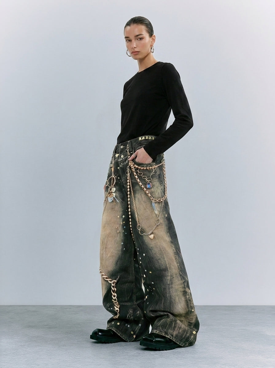 Black Washed Chain Graphic Wide-Leg Jeans front full-length view on model