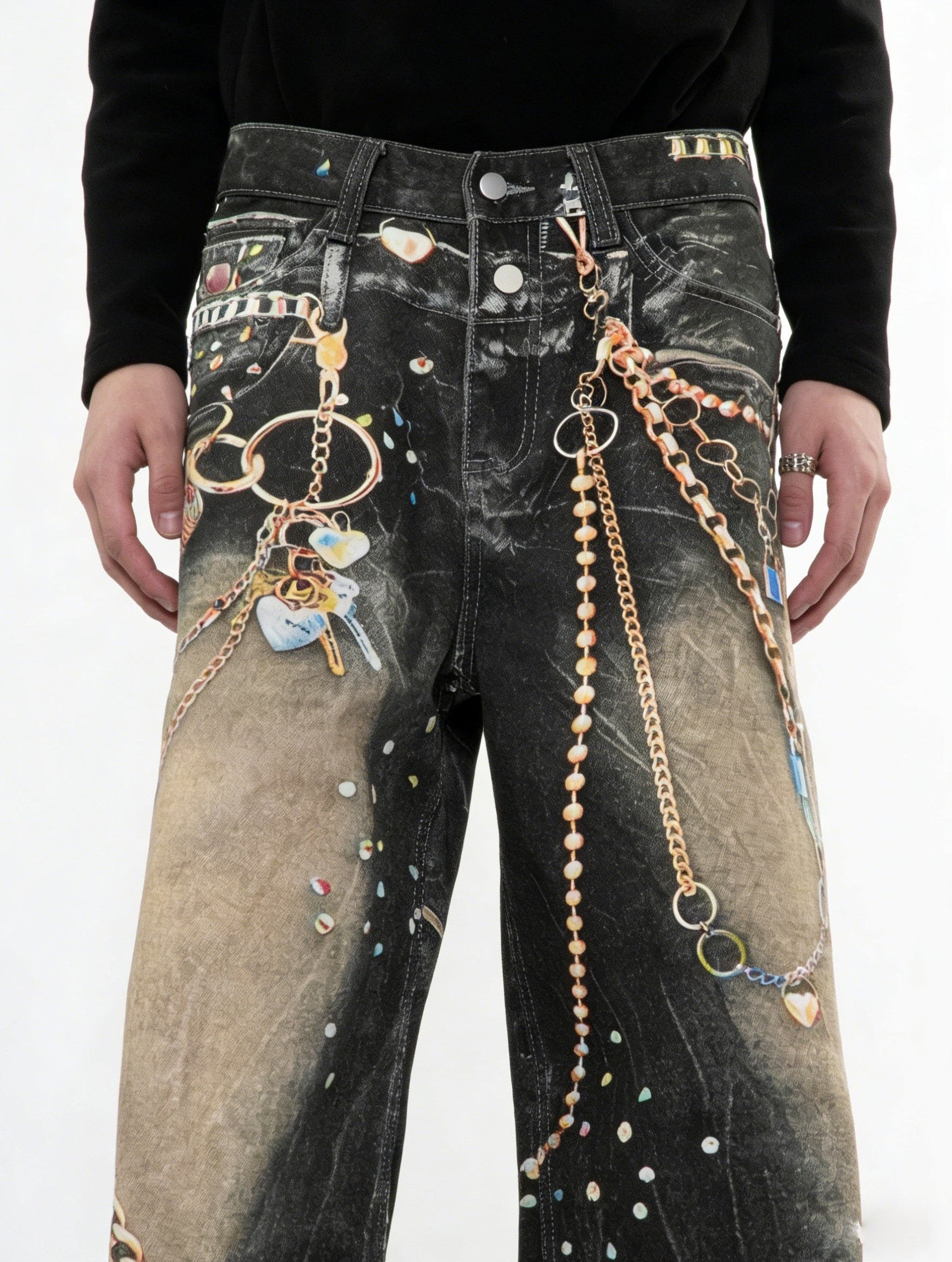 Close-up waist detail of Black Washed Chain Graphic Wide-Leg Jeans with chain graphic design