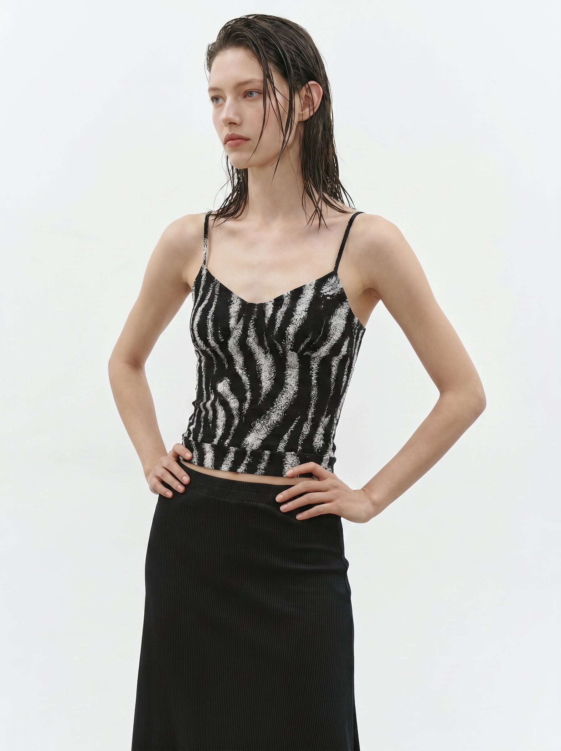 Black white zebra print V neck cami top front view