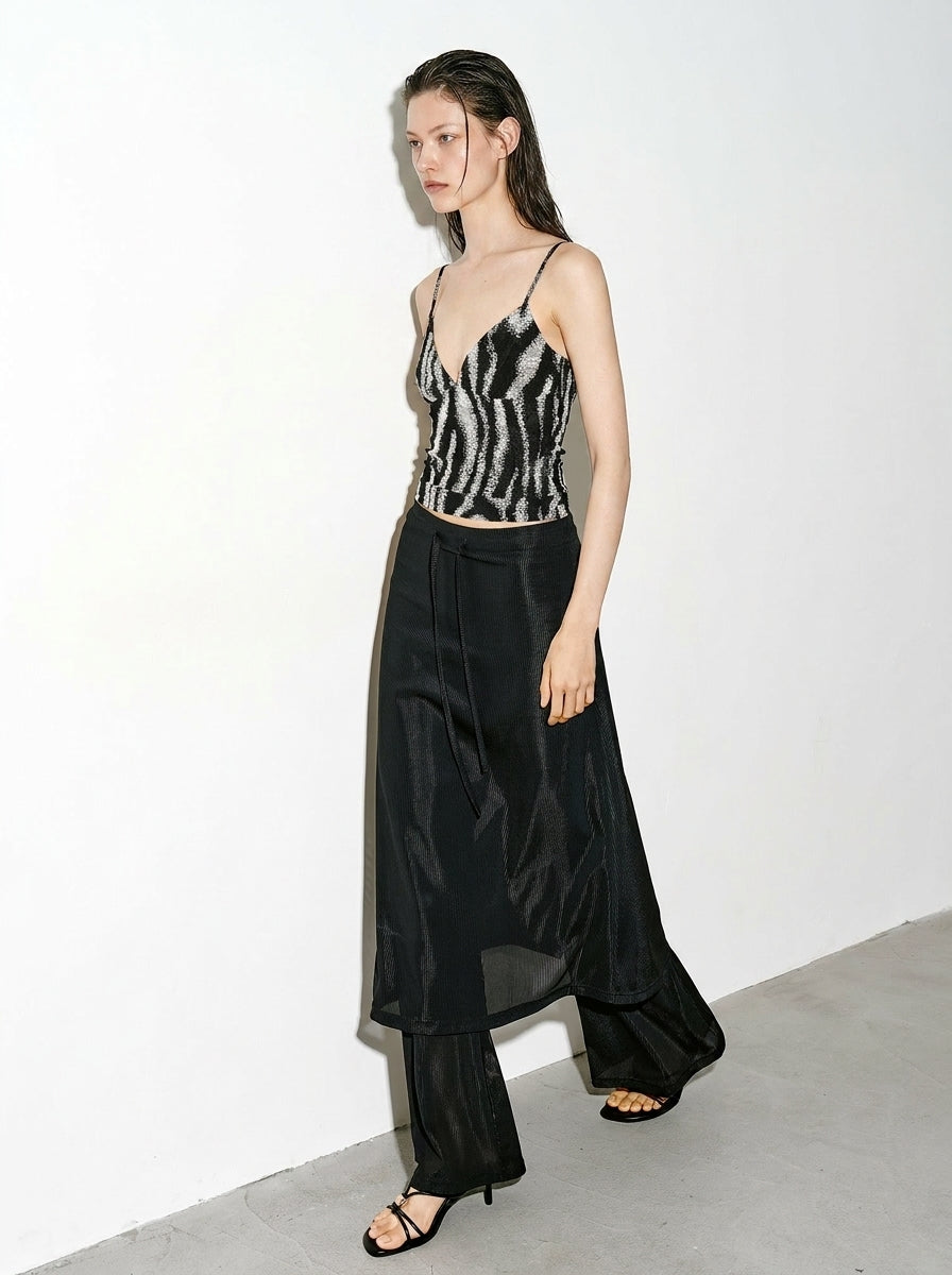Black white zebra print V neck cami top styled with black maxi skirt