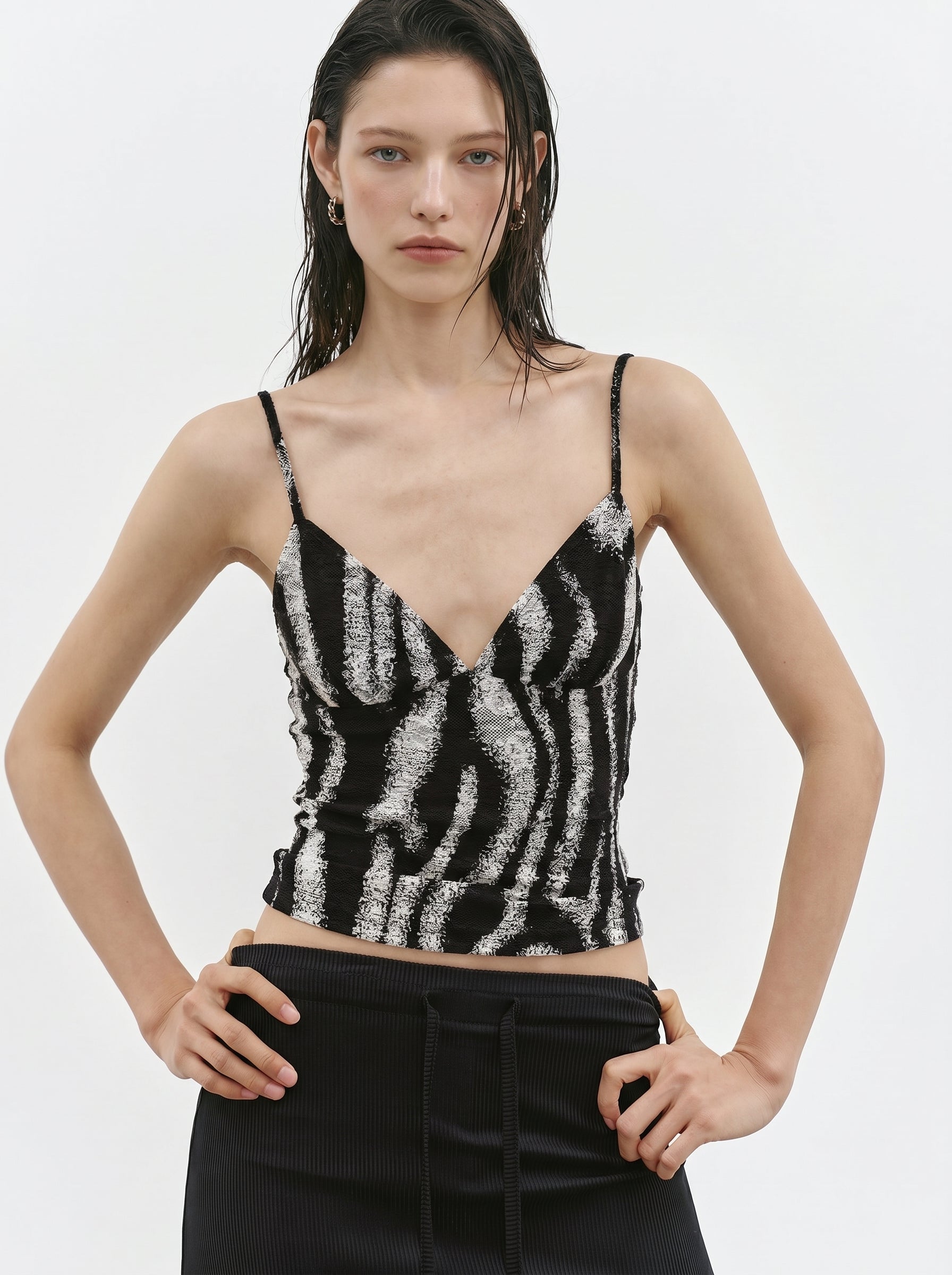 Black white zebra print V neck cami top front view