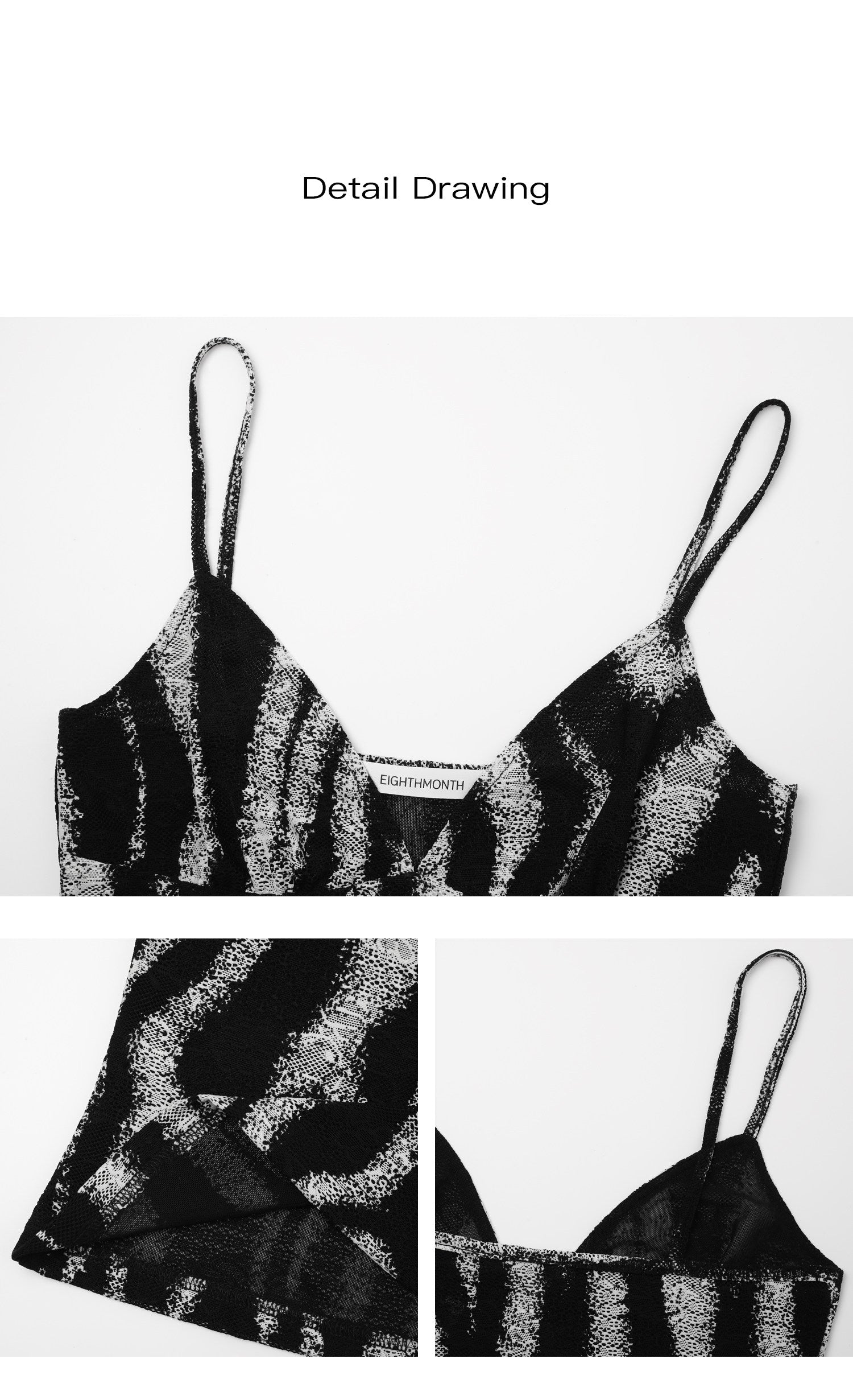 Product detail collage of black white zebra print V neck cami top showing neckline, straps and fabric