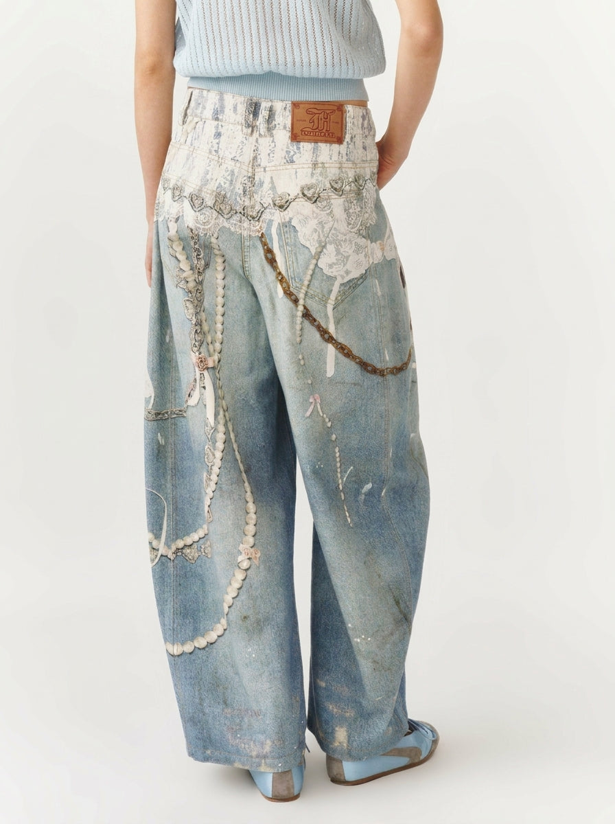 Back view of Blue Lace Chain Graphic Wide Leg Jeans