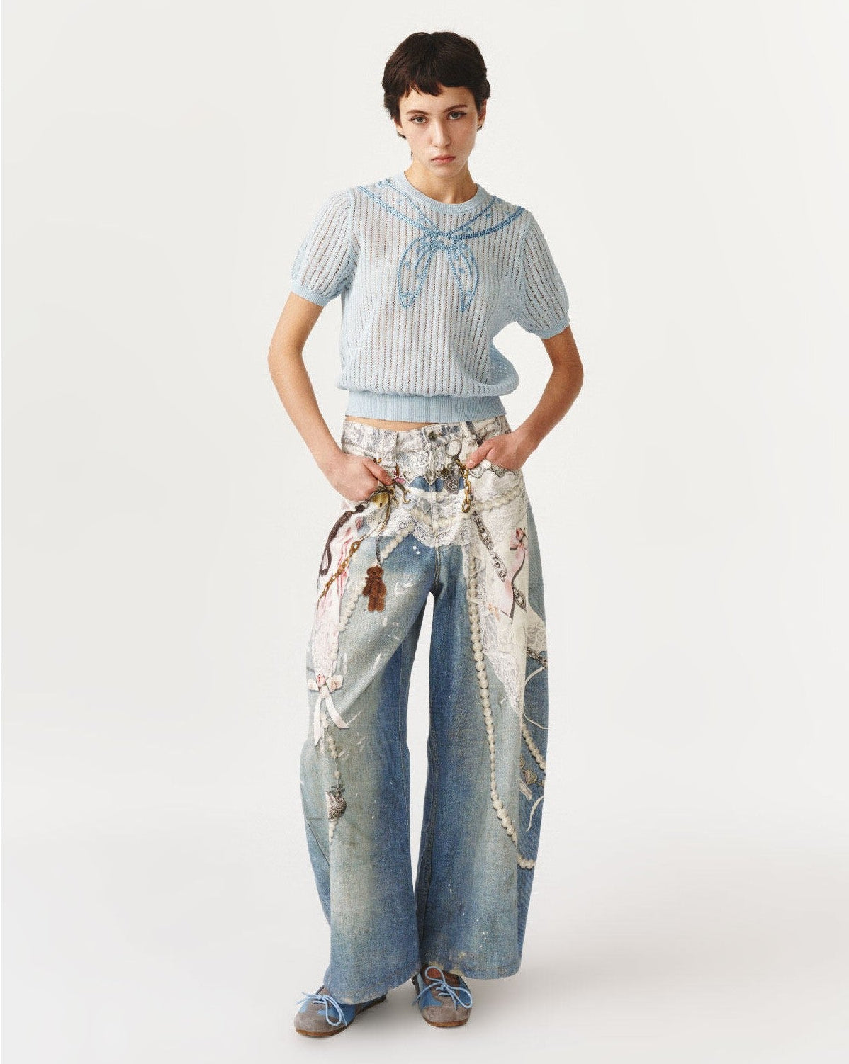 Blue Lace Chain Graphic Wide Leg Jeans full front view