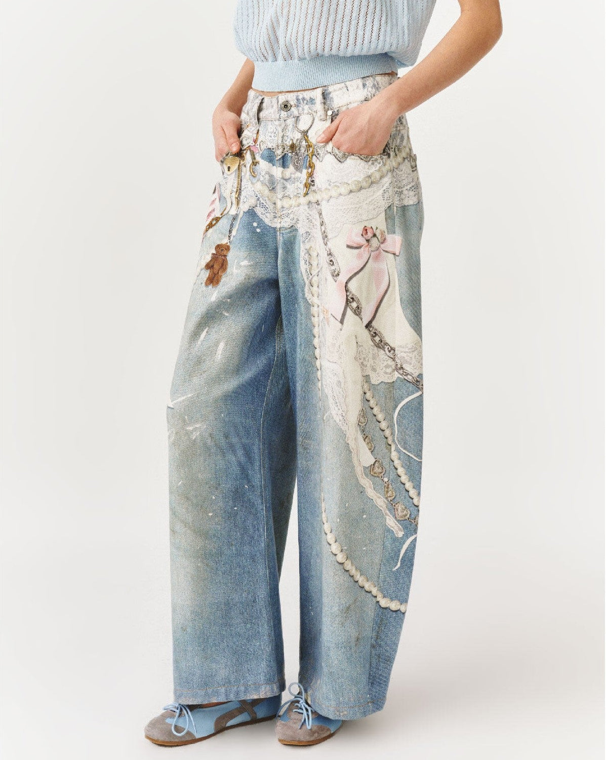 Side view of Blue Lace Chain Graphic Wide Leg Jeans