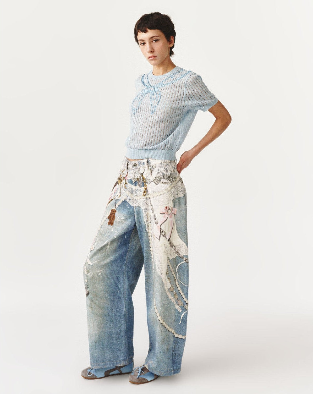 Blue Lace Chain Graphic Wide Leg Jeans styled with a light blue knit top