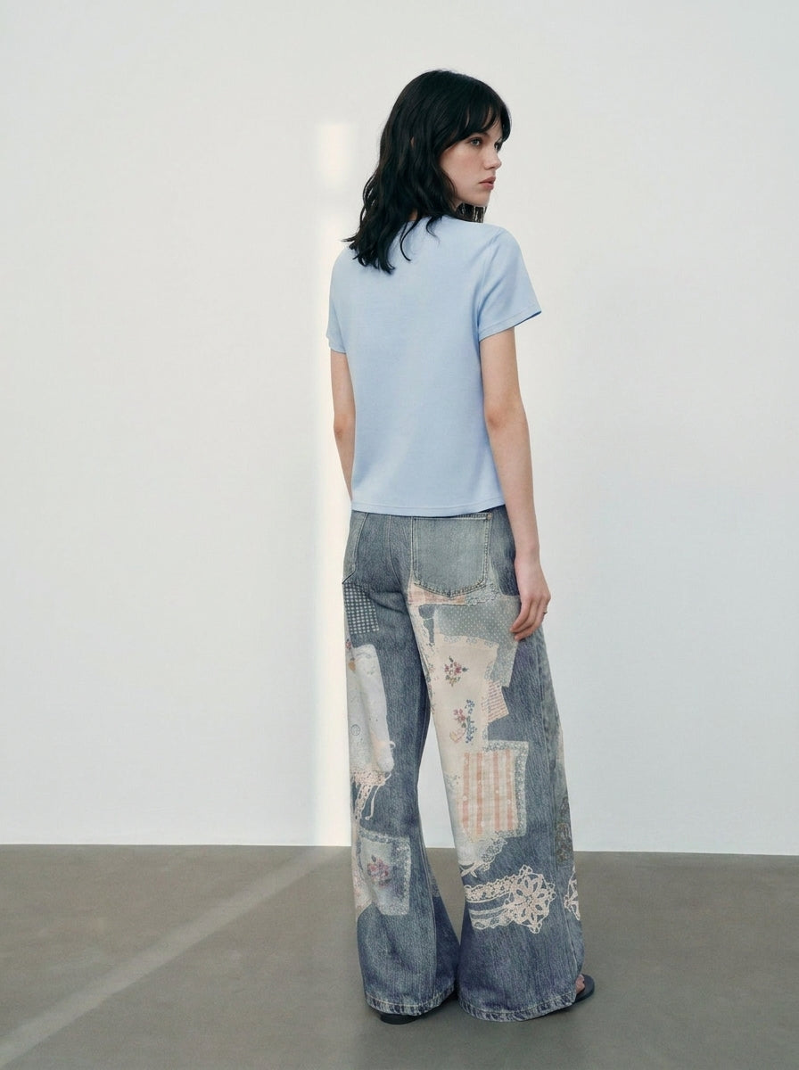 Blue Patchwork Floral Print Wide Leg Jeans back angled view