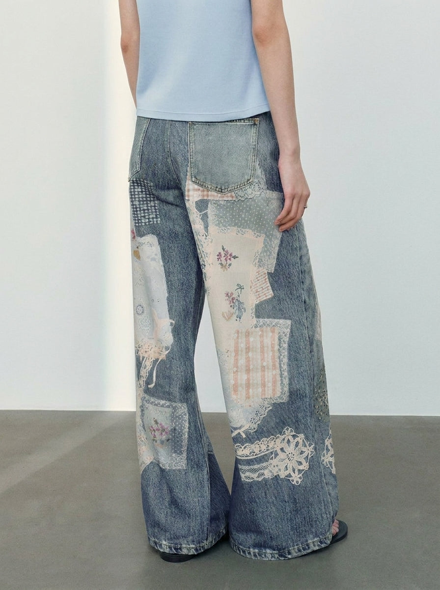 Blue Patchwork Floral Print Wide Leg Jeans back view