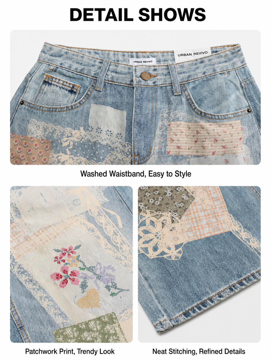Blue Patchwork Floral Print Wide Leg Jeans patchwork and fabric detail display