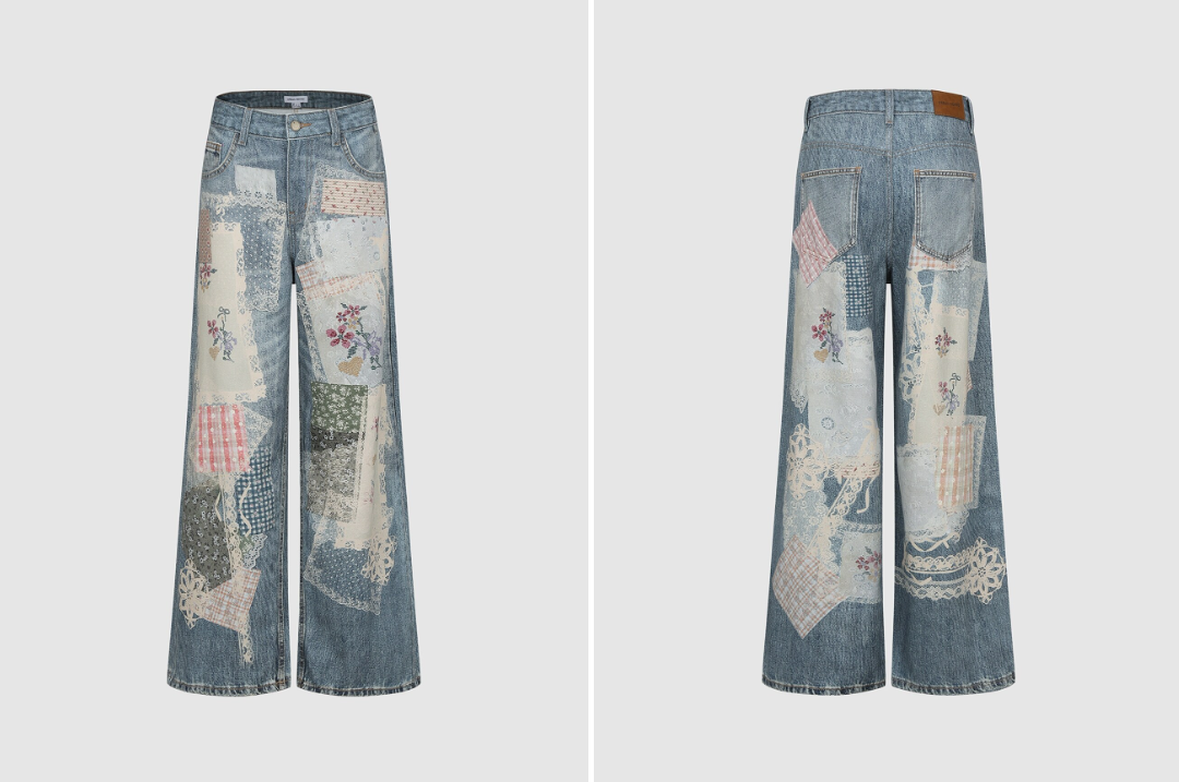 Blue Patchwork Floral Print Wide Leg Jeans front and back flat lay