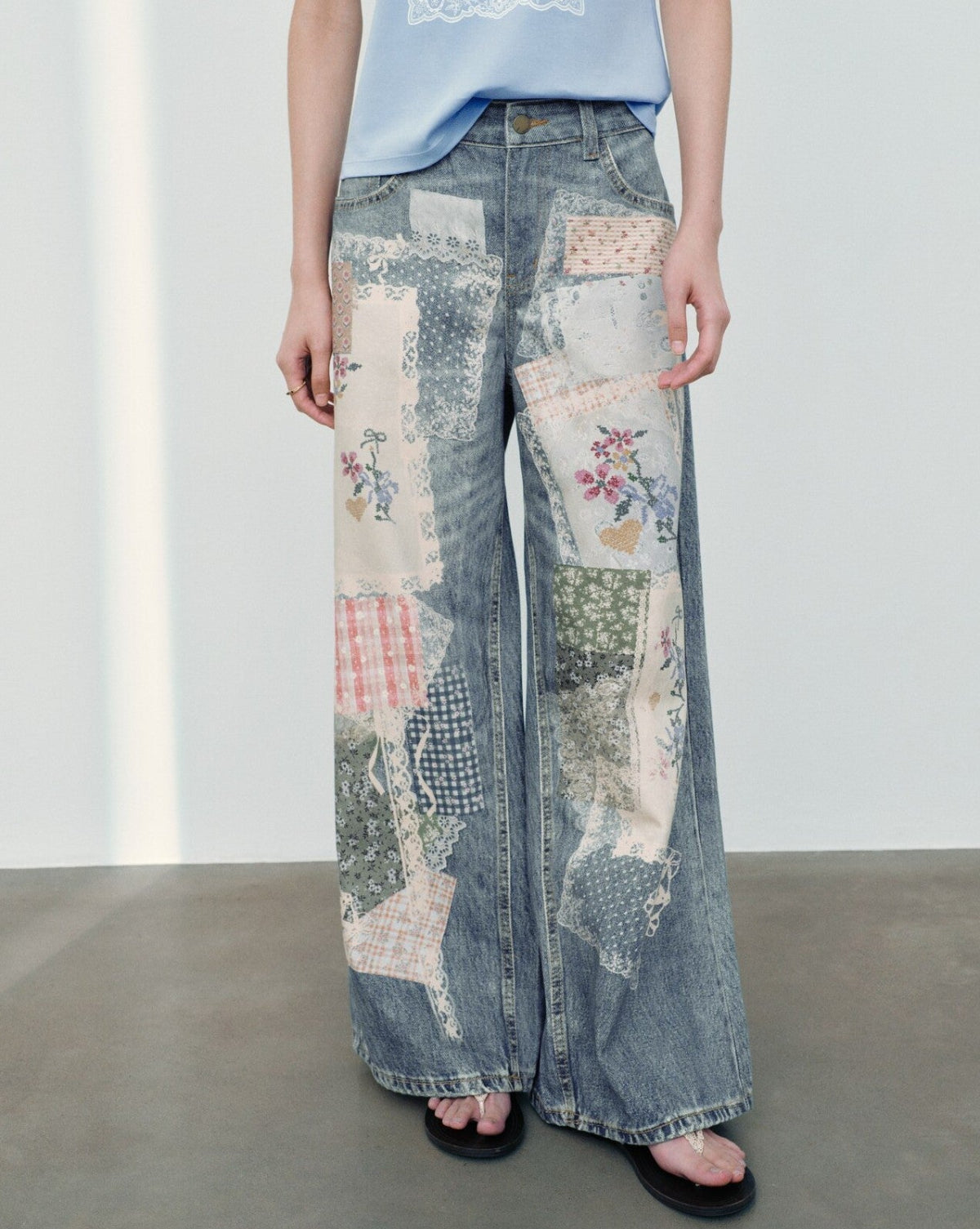Blue Patchwork Floral Print Wide Leg Jeans front view