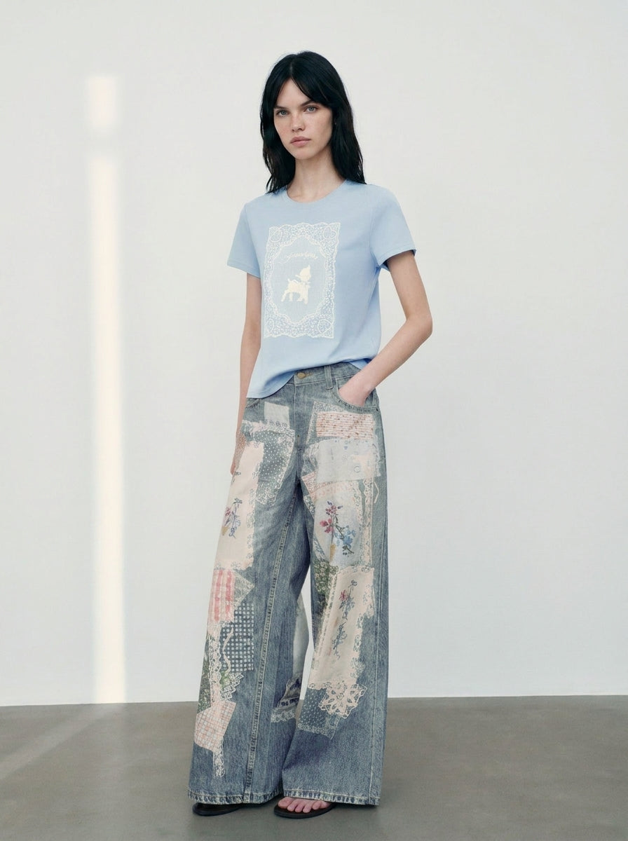 Blue Patchwork Floral Print Wide Leg Jeans front full look