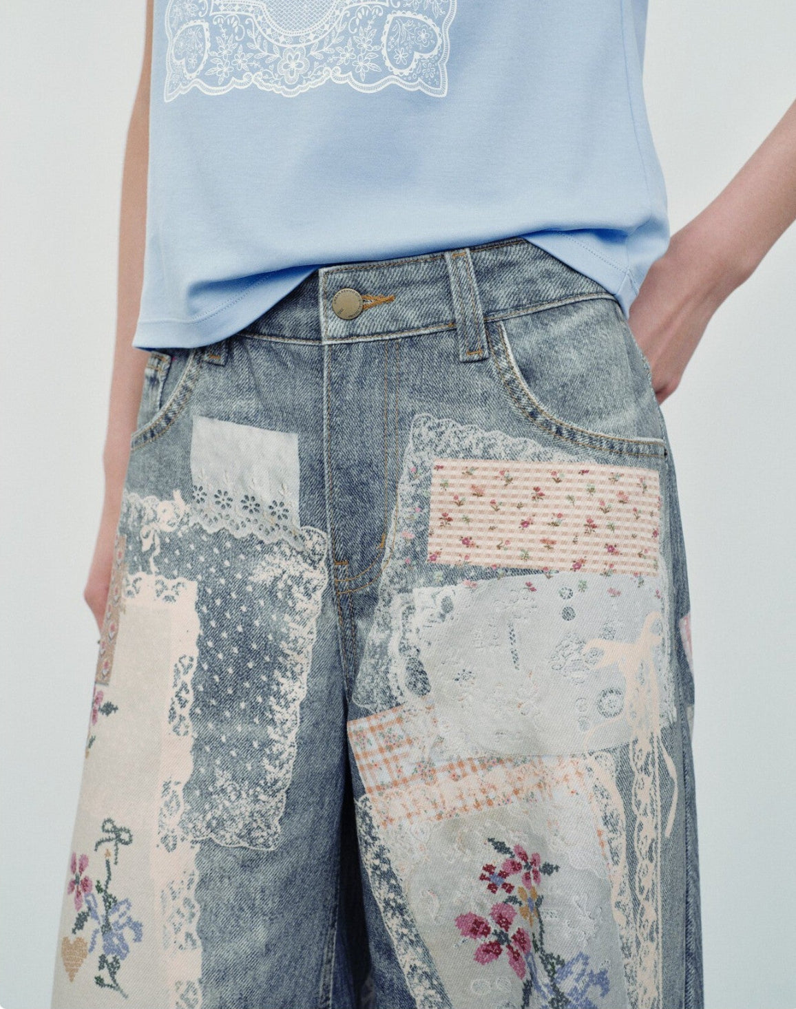 Blue Patchwork Floral Print Wide Leg Jeans waist detail