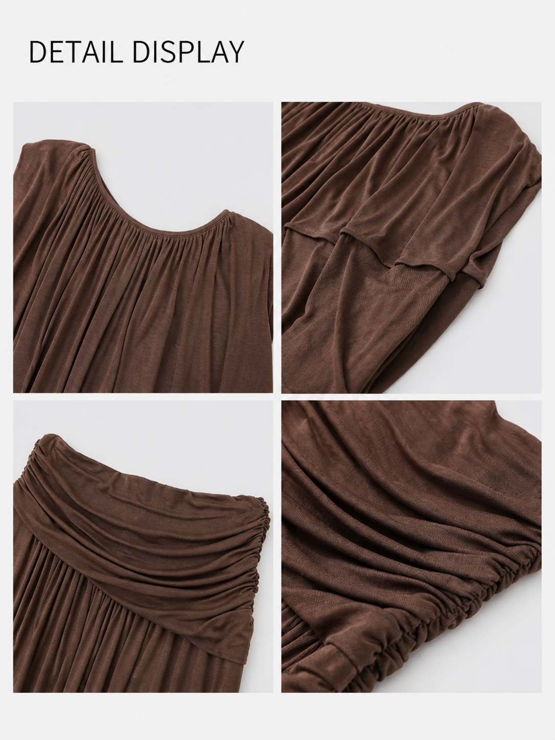 Detail display of brown draped top and skirt set showing gathered neckline, layered drape, ruched waistband, and soft knit fabric