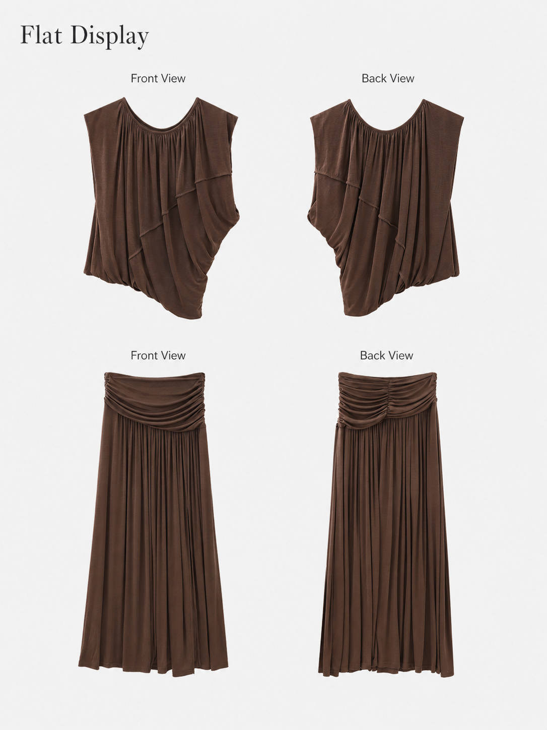 Flat display of brown draped sleeveless top and matching maxi skirt with front and back views