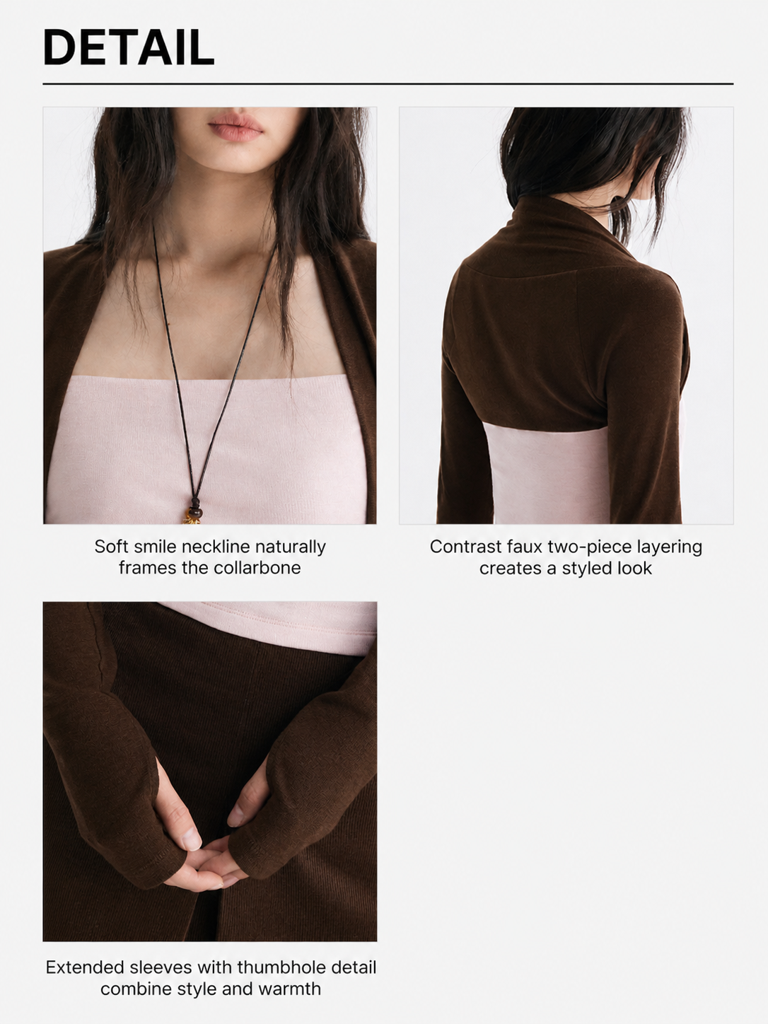Detail display of brown layered long sleeve top and midi skirt set showing neckline, faux two-piece back, and extended sleeve detail