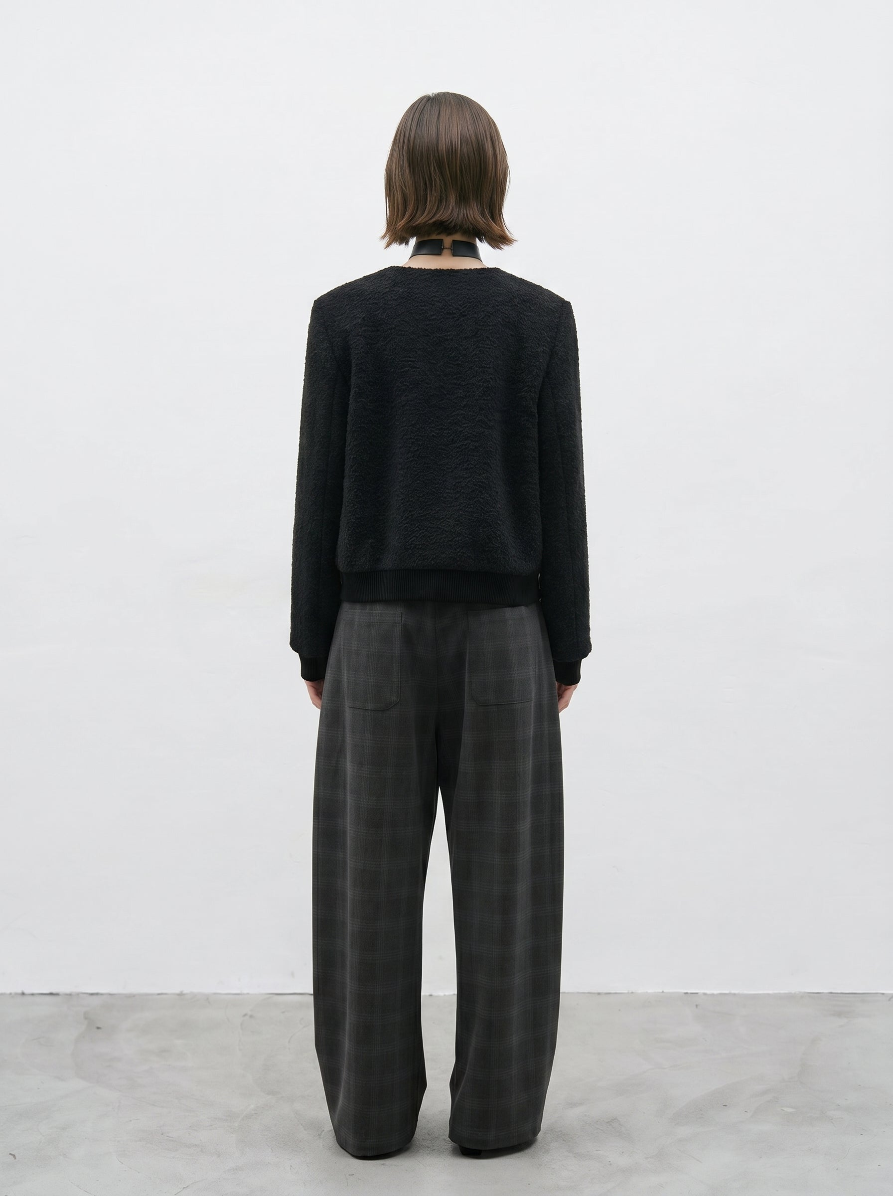 Charcoal plaid wide leg pants back view