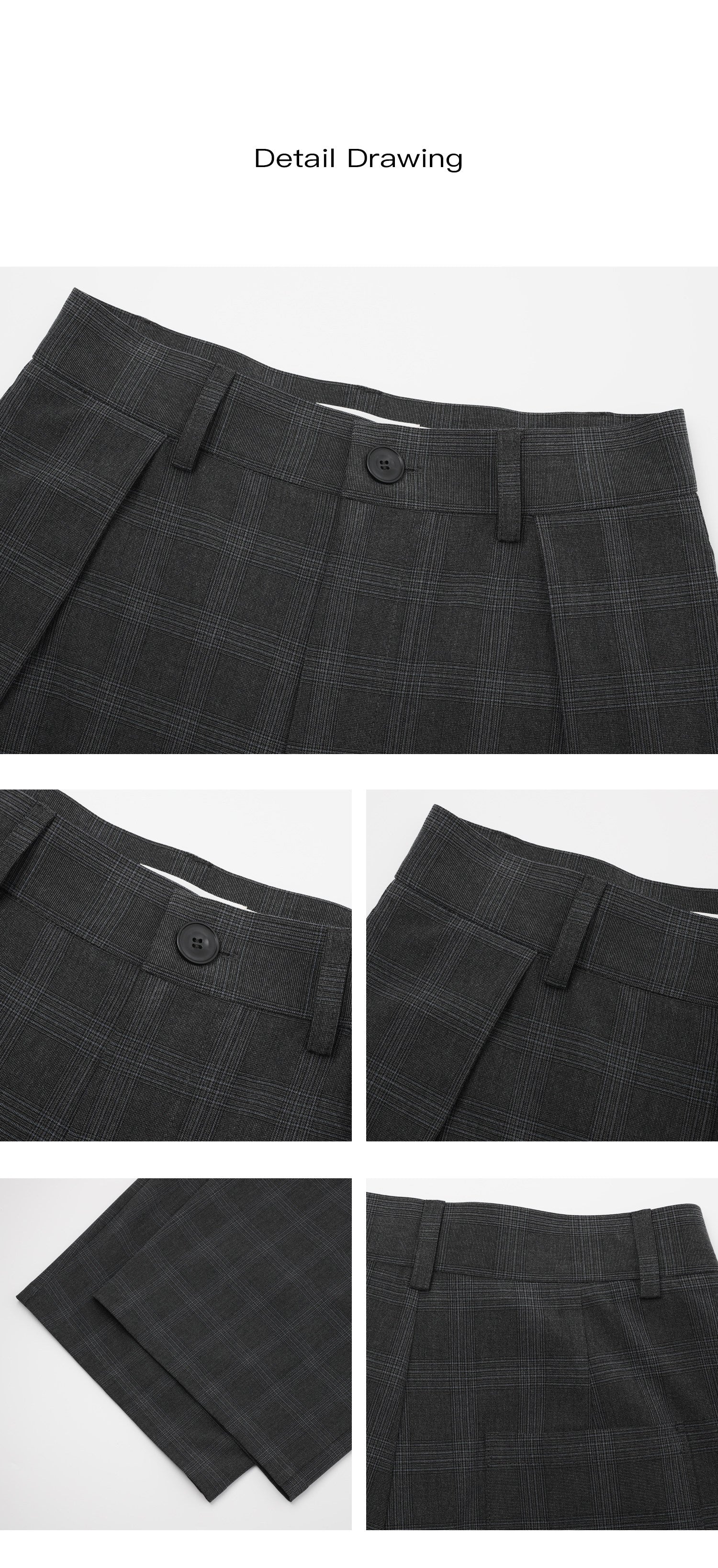 Product detail collage showing charcoal plaid wide leg pants waistband, pleats, hem and fabric texture