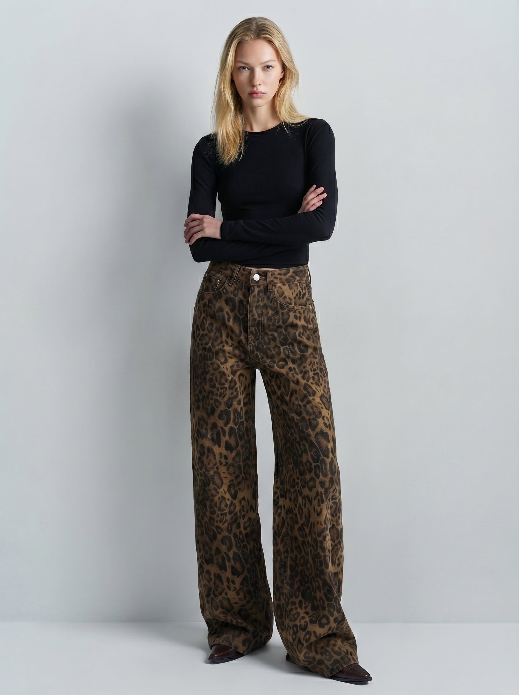 Dark Leopard Print Wide-Leg Jeans