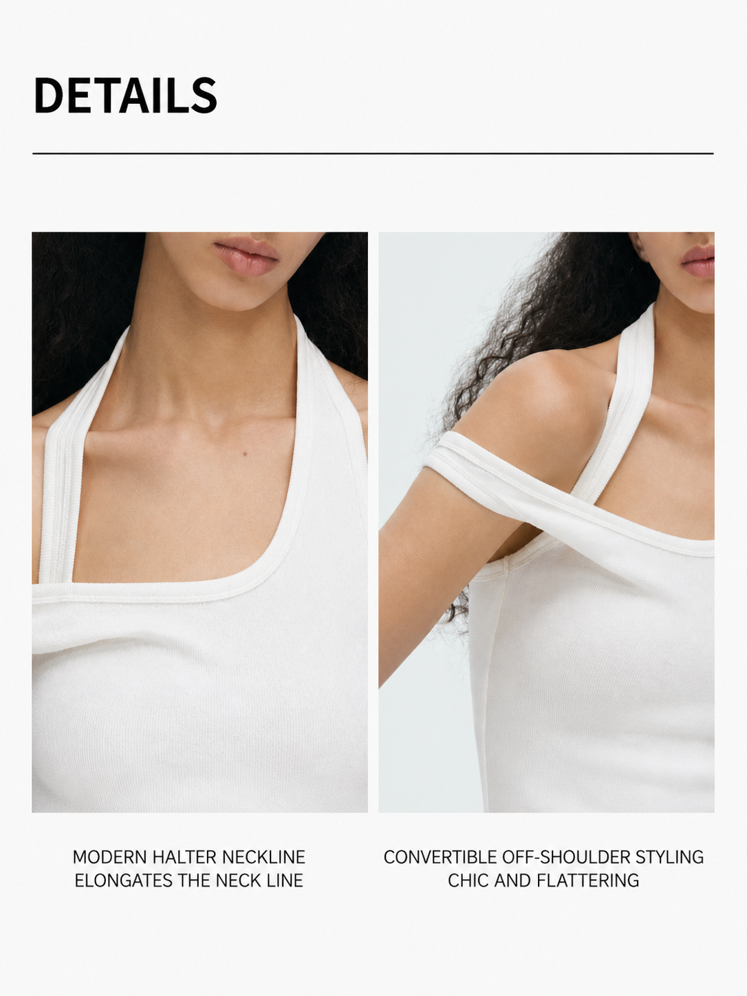 Detail display of convertible halter off shoulder top showing the modern halter neckline and off shoulder styling