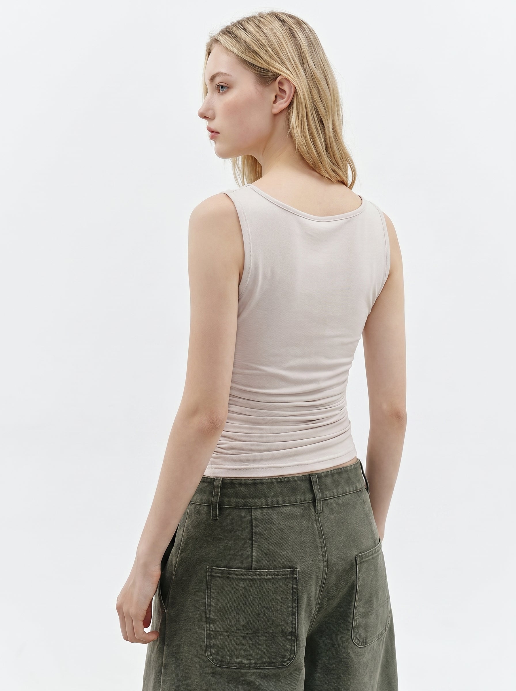 Cream cowl neck sleeveless top back view