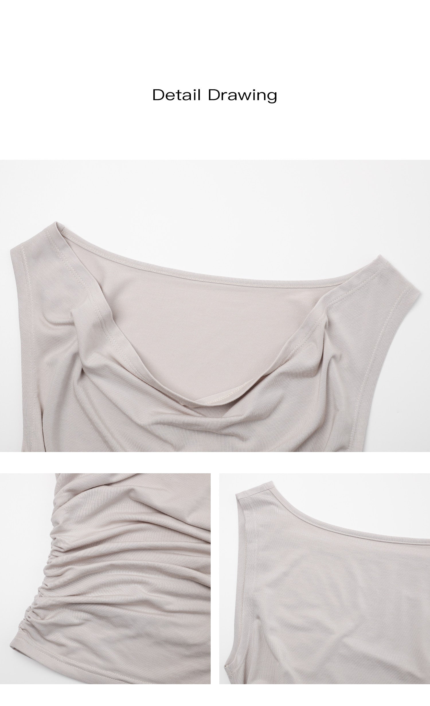 Product detail collage showing cream cowl neckline, ruched sides and fabric texture
