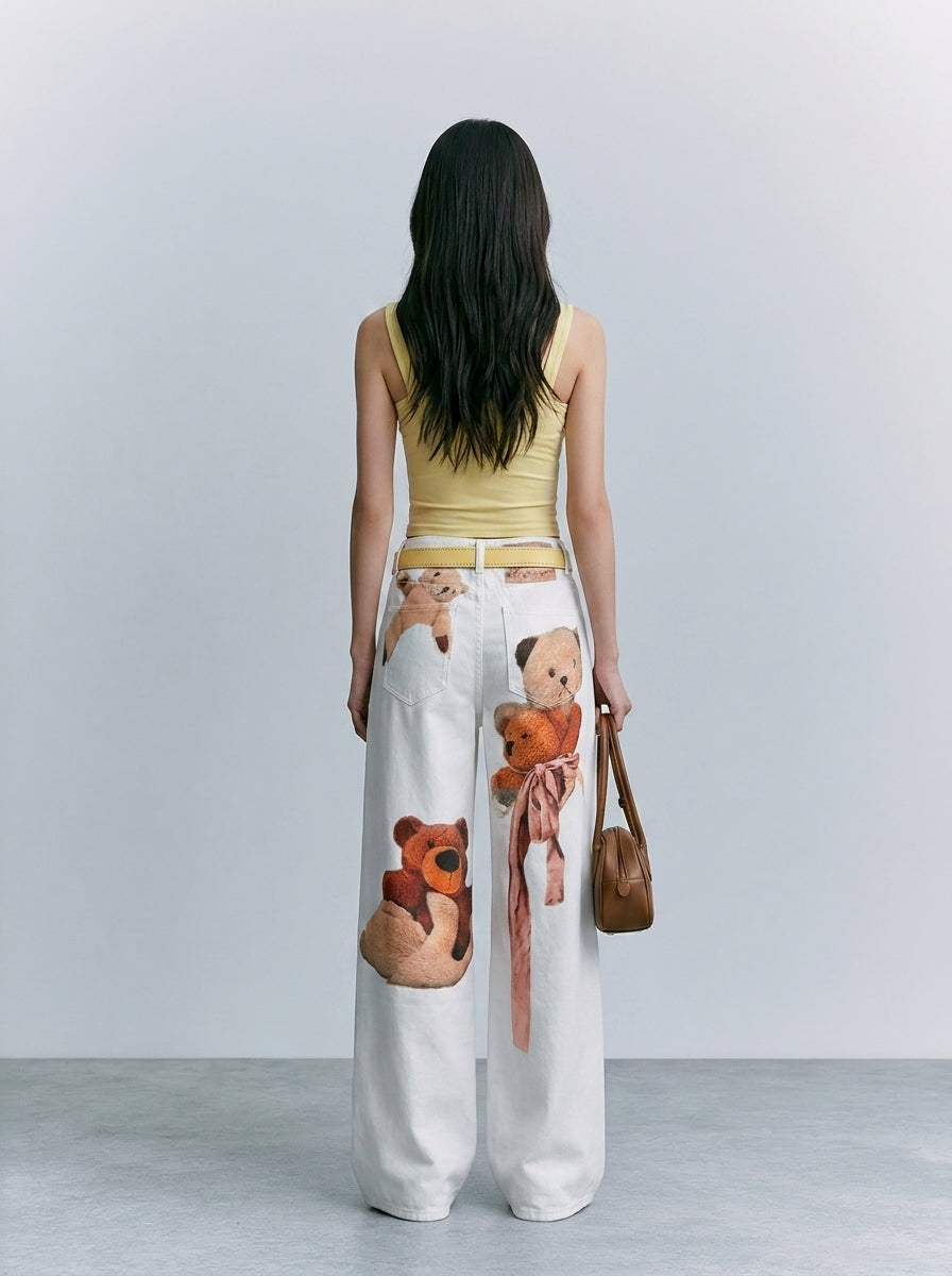 Cream Teddy Graphic Wide-Leg Denim Jeans back view