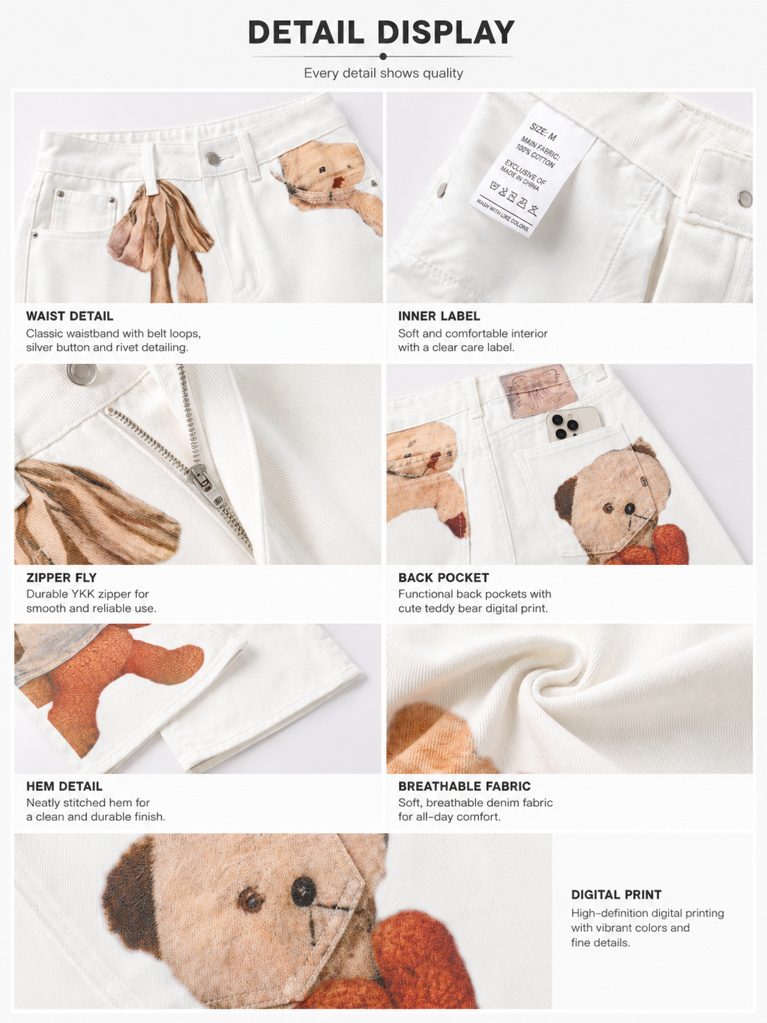 Detail view of teddy bear graphic print and fabric on cream wide-leg jeans