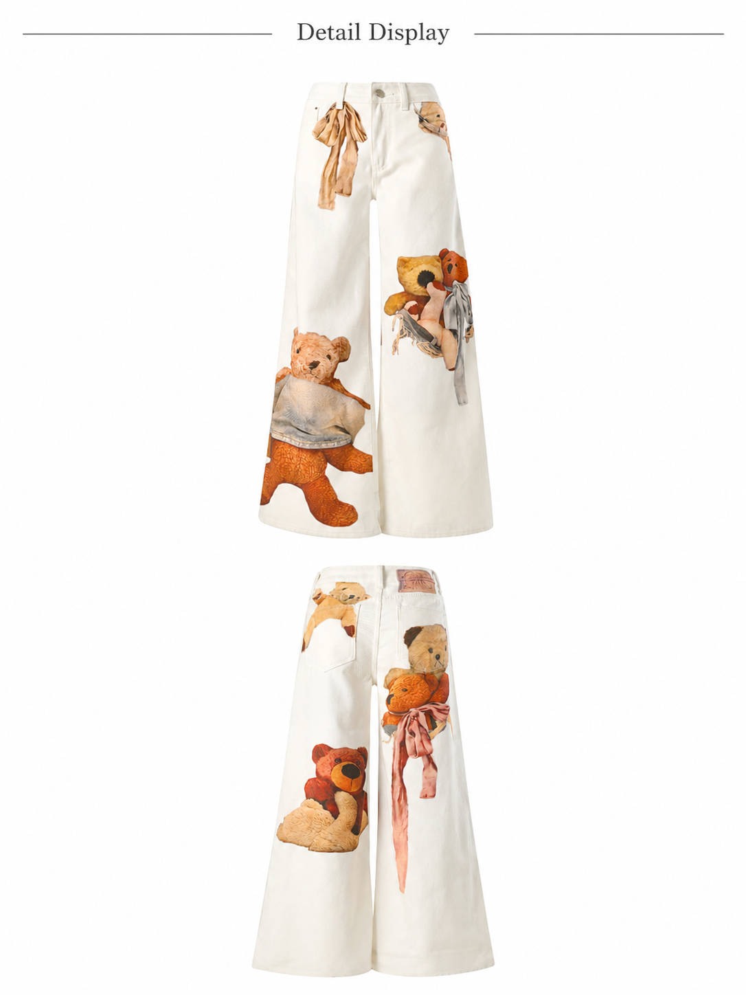 Cream wide-leg denim jeans with teddy bear graphic print flat lay