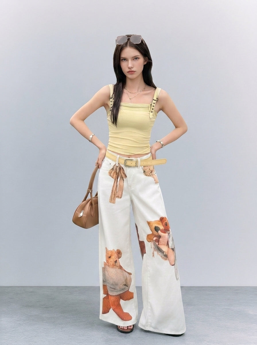 Cream Teddy Graphic Wide-Leg Denim Jeans front view with model