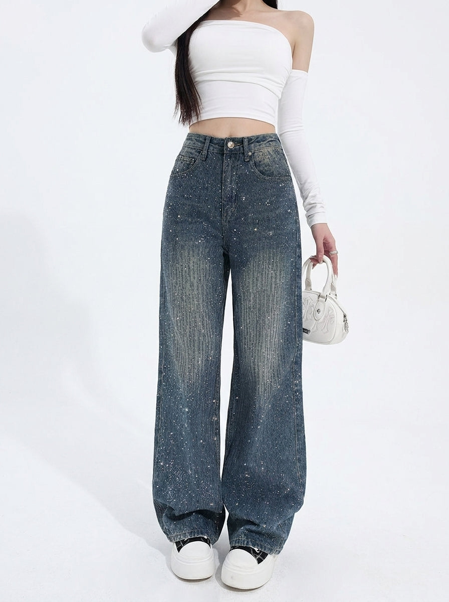 Full body look featuring dark wash rhinestone wide leg jeans with a casual outfit