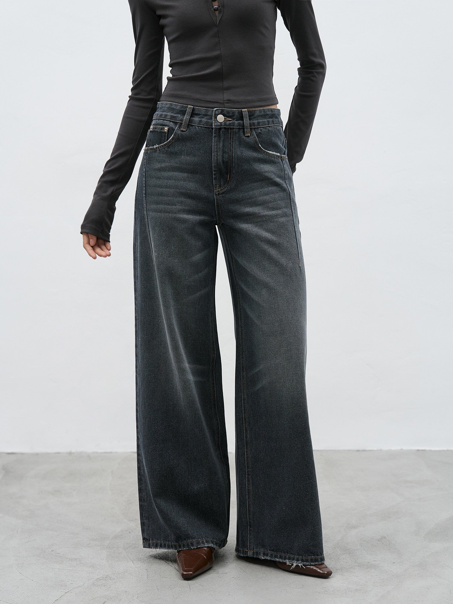 Dark wash wide leg jeans front view with relaxed wide leg fit