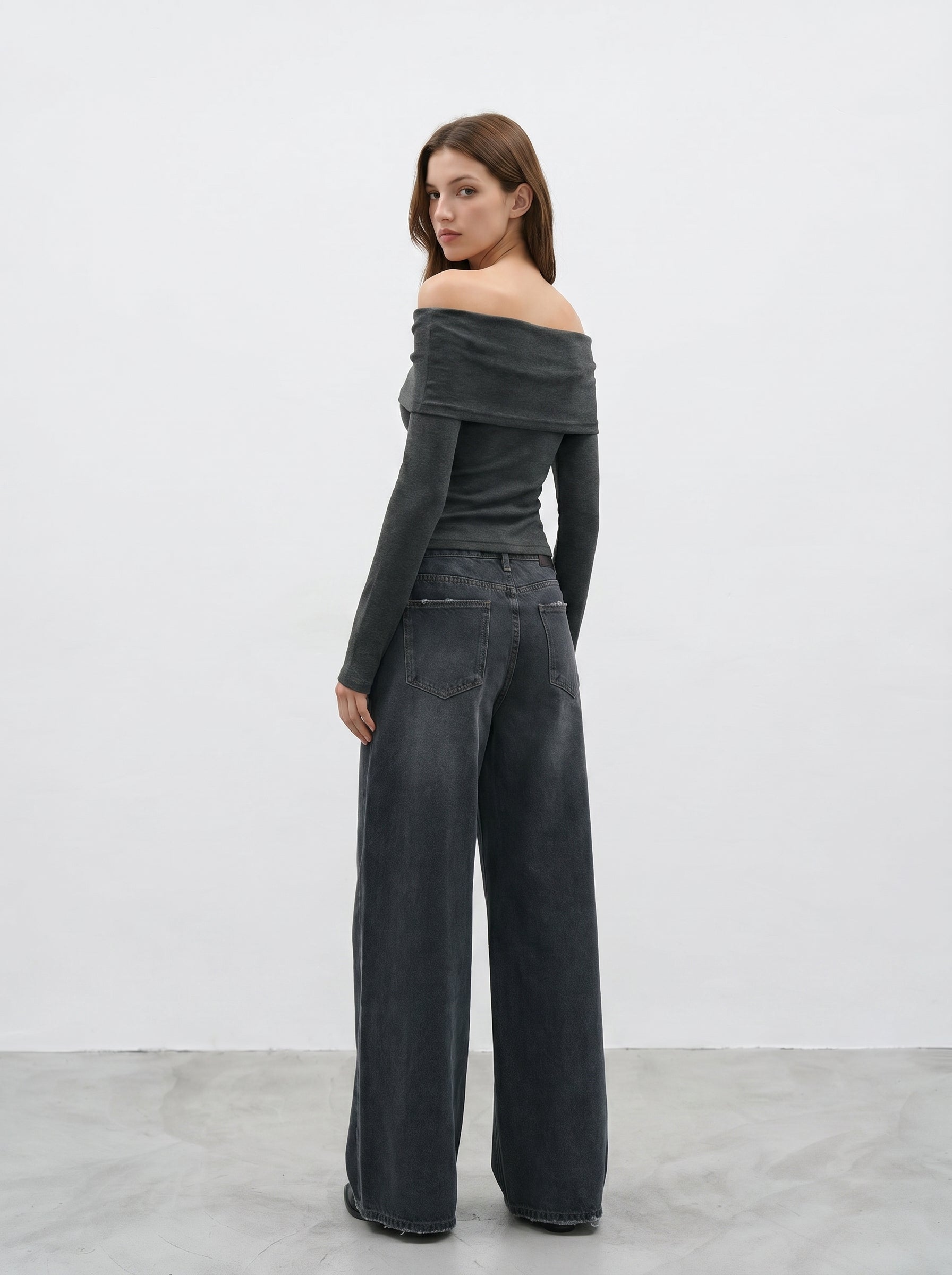 Dark wash wide leg jeans full body look with off shoulder top